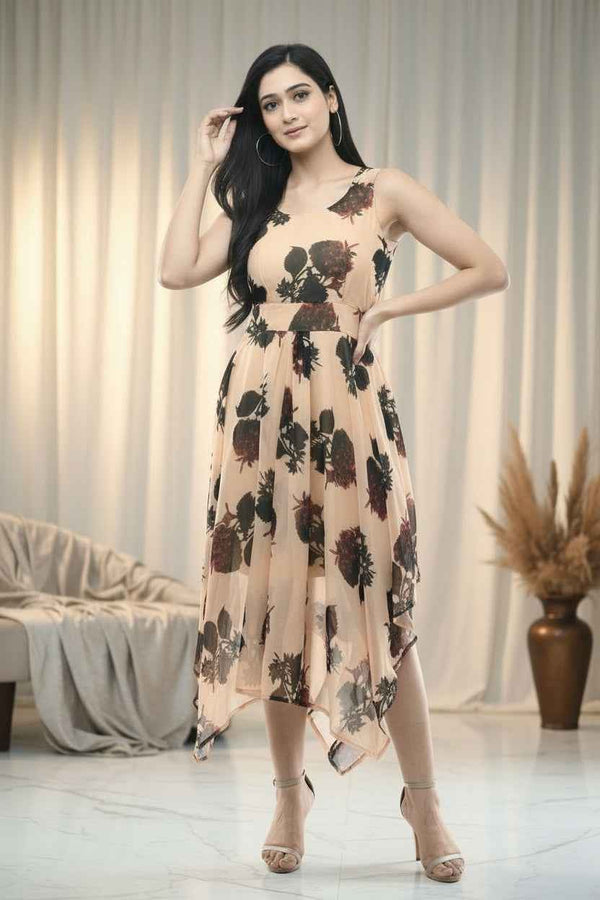 Beige Floral Maxi Dress Sleeveless Belted Flare Gown