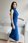 High Neck Sleeveless Blue Bodycon Midi Dress