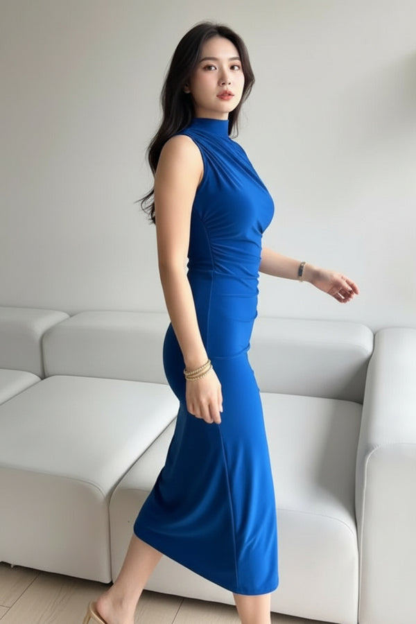 High Neck Sleeveless Blue Bodycon Midi Dress