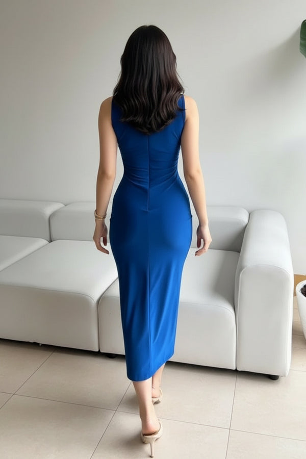 High Neck Sleeveless Blue Bodycon Midi Dress