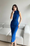High Neck Sleeveless Blue Bodycon Midi Dress