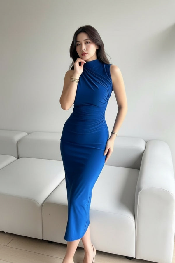 High Neck Sleeveless Blue Bodycon Midi Dress