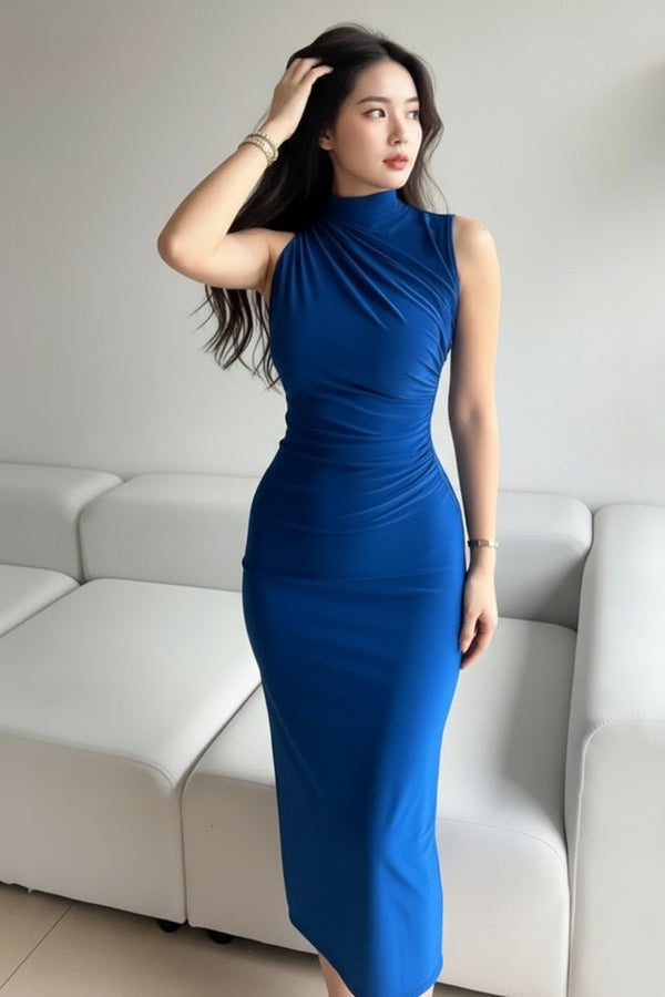 High Neck Sleeveless Blue Bodycon Midi Dress