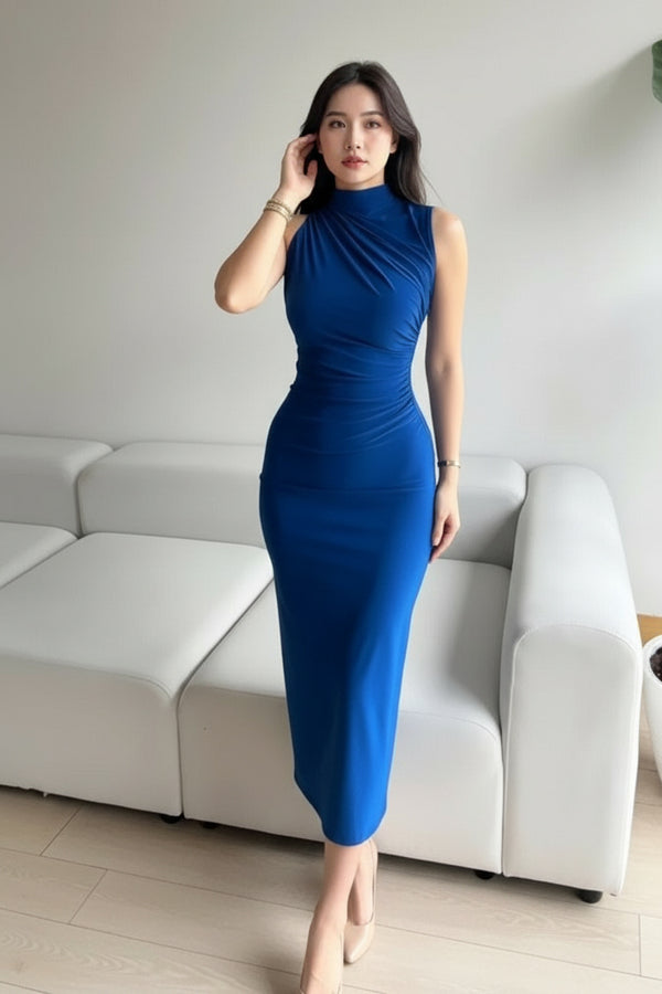 High Neck Sleeveless Blue Bodycon Midi Dress