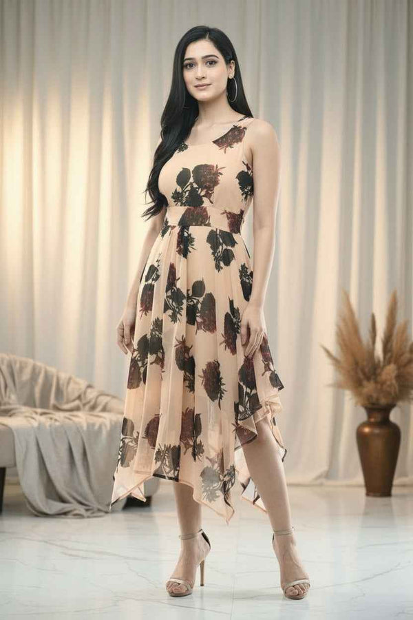 Beige Floral Maxi Dress Sleeveless Belted Flare Gown