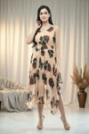 Beige Floral Maxi Dress Sleeveless Belted Flare Gown