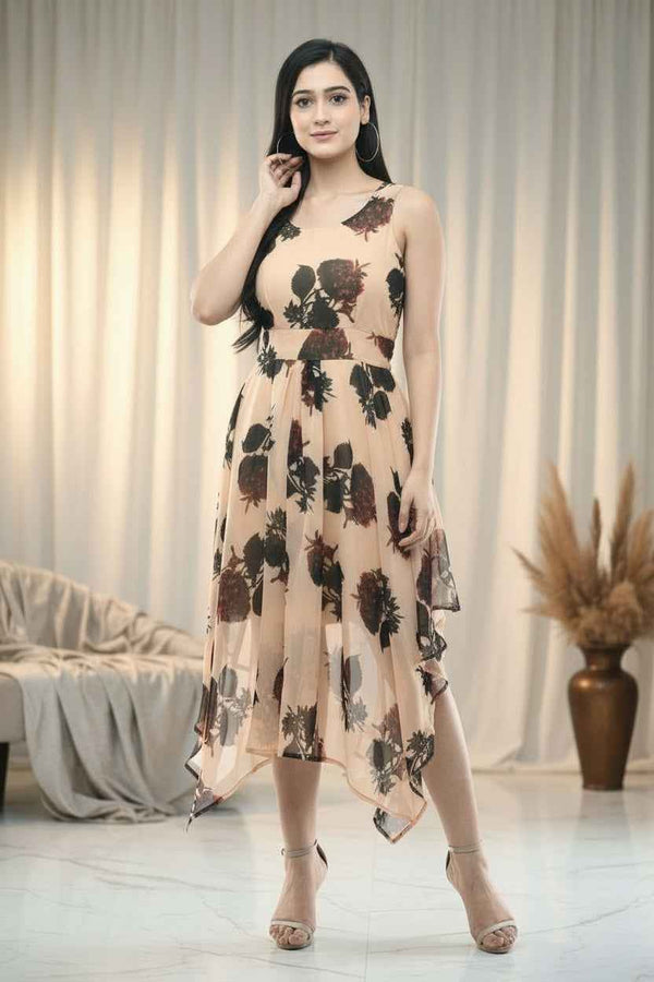 Beige Floral Maxi Dress Sleeveless Belted Flare Gown