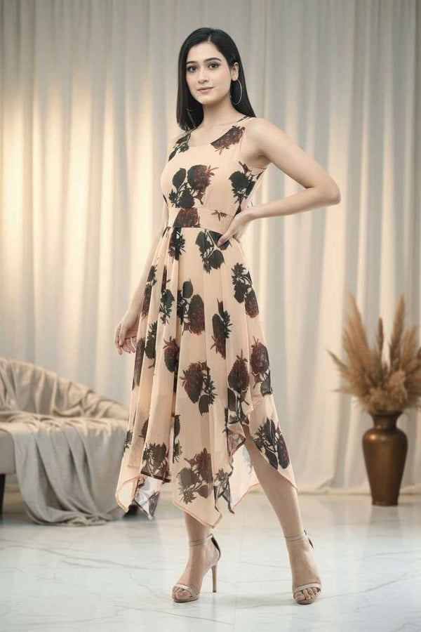 Beige Floral Maxi Dress Sleeveless Belted Flare Gown
