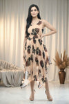 Beige Floral Maxi Dress Sleeveless Belted Flare Gown