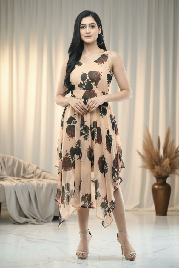 Beige Floral Maxi Dress Sleeveless Belted Flare Gown