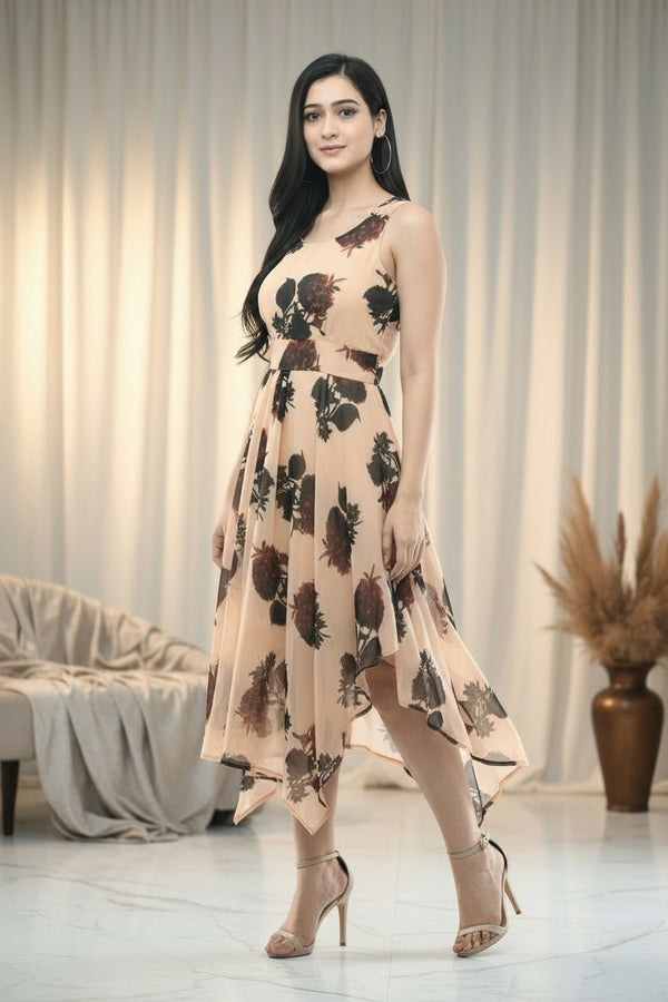 Beige Floral Maxi Dress Sleeveless Belted Flare Gown