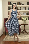 Navy Blue Polka Dot Maxi Dress Sleeveless Fit and Flare - GARMENT2FASHION