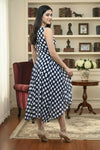 Navy Blue Polka Dot Maxi Dress Sleeveless Fit and Flare - GARMENT2FASHION
