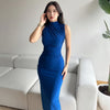 High Neck Sleeveless Blue Bodycon Midi Dress