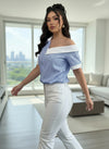 Blue and White Striped Asymmetrical Off Shoulder Top