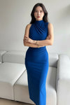 High Neck Sleeveless Blue Bodycon Midi Dress