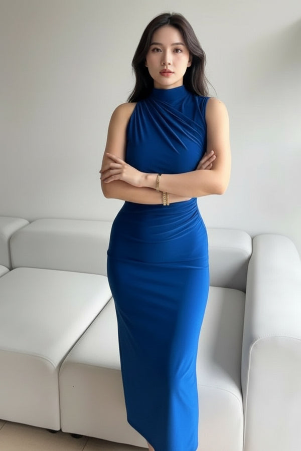 High Neck Sleeveless Blue Bodycon Midi Dress