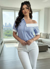 Blue and White Striped Asymmetrical Off Shoulder Top