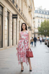 White and Pink Floral Maxi Dress Belted Flowy Summer Gown