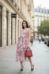 White and Pink Floral Maxi Dress Belted Flowy Summer Gown