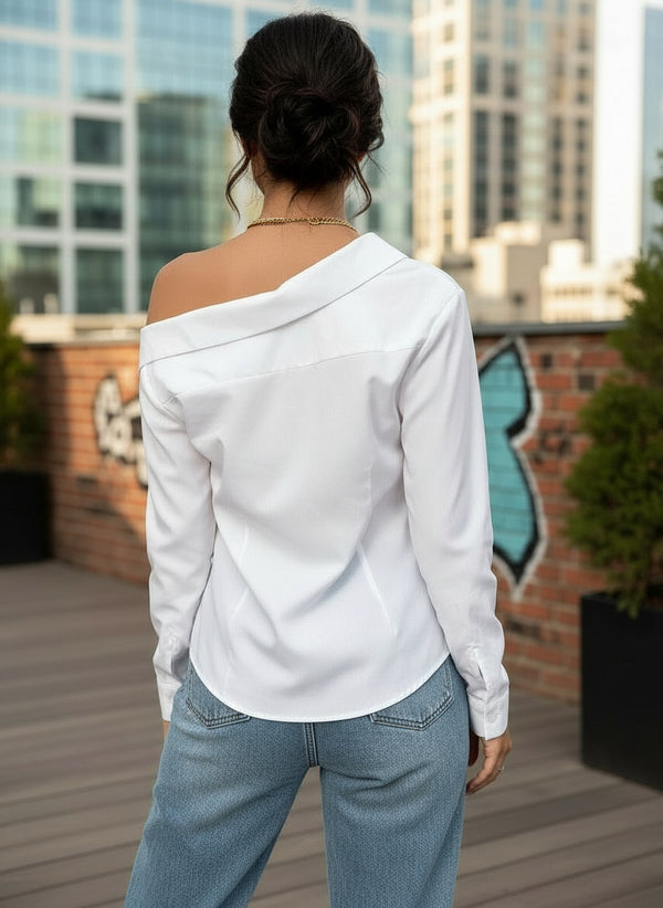 White Asymmetrical Off Shoulder Button-Down Top - GARMENT2FASHION