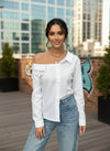 White Asymmetrical Off Shoulder Button-Down Top - GARMENT2FASHION