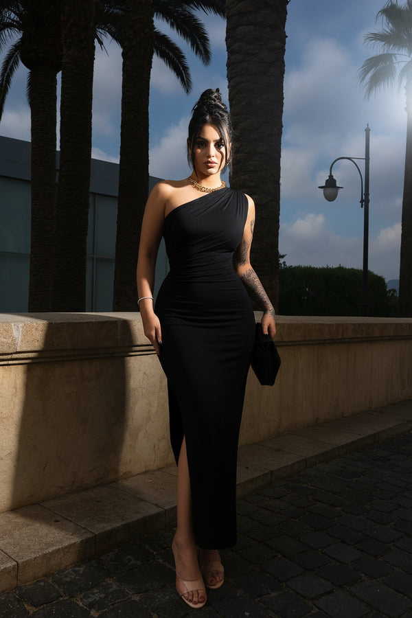 Black One Shoulder Ruched Dress