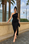 Black One Shoulder Ruched Dress