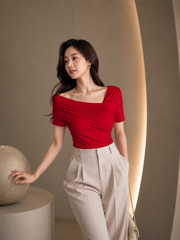 Red Asymmetric Ruched Neck Fitted Top for Women