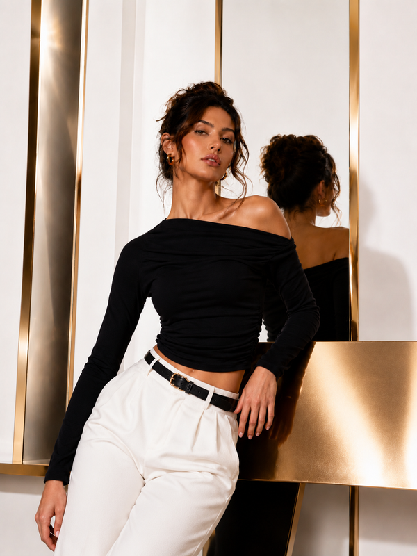 Black Off-Shoulder Ruched Full Sleeve Crop Top