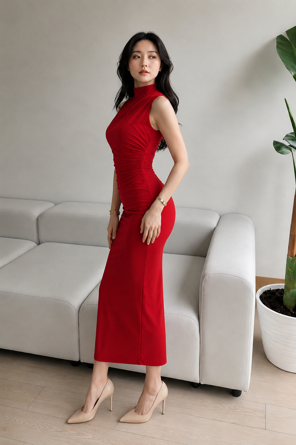 Red High Neck Ruched Bodycon Midi Dress