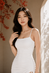 White Ruched Drawstring Bodycon Mini Dress