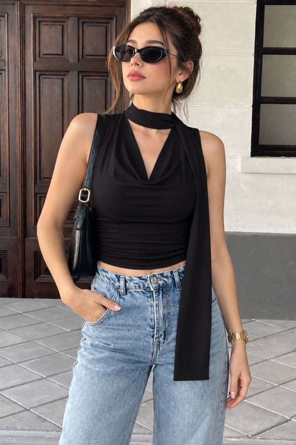 Black Cowl Neck Ruched Crop Top with Scarf