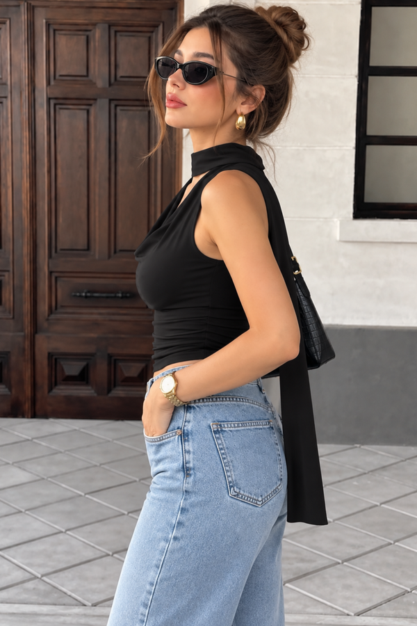 Black Cowl Neck Ruched Crop Top with Scarf