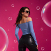 Sky Blue Ruched Off Shoulder Ribbed Crop Top