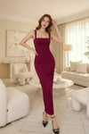 Wine Berry Square Neck Bodycon Maxi Dress for Womens