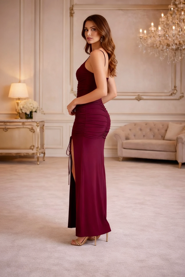 Wine Ruched Slit Maxi Dress
