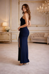 Navy Blue Ruched Slit Evening Dress