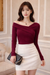 Wine Off-Shoulder Fitted Long Sleeve Top