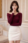 Wine Off-Shoulder Fitted Long Sleeve Top