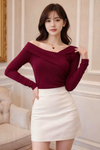 Wine Off-Shoulder Fitted Long Sleeve Top