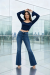 Navy Blue Halter Neck Ruched Crop Top with Flared Sleeve Shrug