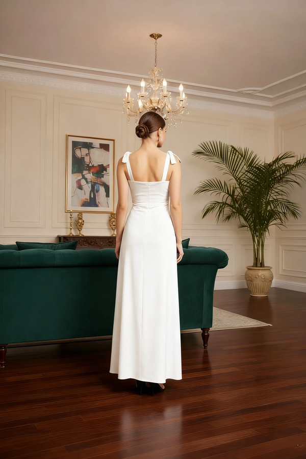 White Ruched Cut-Out Slit Maxi Dress