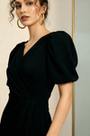 Black Puff Sleeve Tulip Wrap Mini Dress