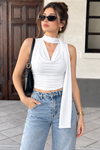 White Cowl Neck Ruched Crop Top with Scarf
