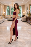 Wine Ruched Slit Two Piece Co-Ord Set