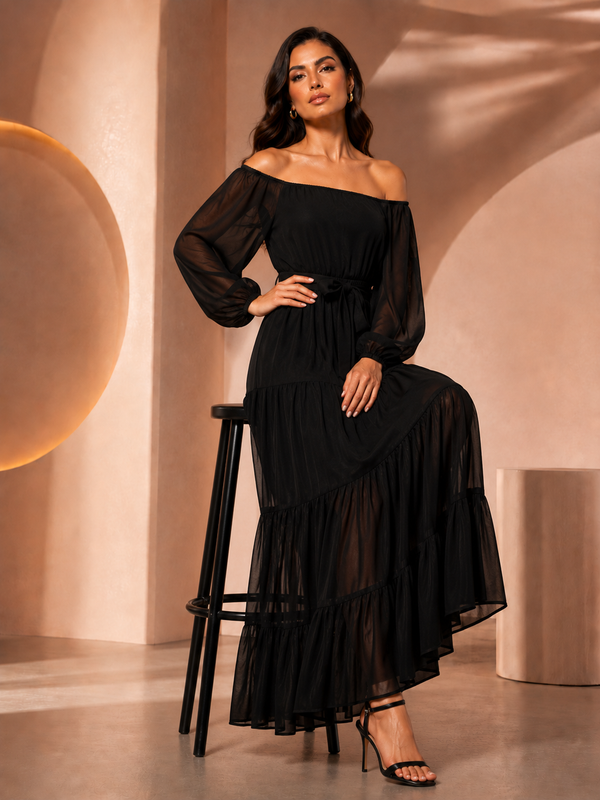 Black Off-Shoulder Tiered Maxi Dress with Waist Tie