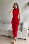 Red High Neck Ruched Bodycon Midi Dress