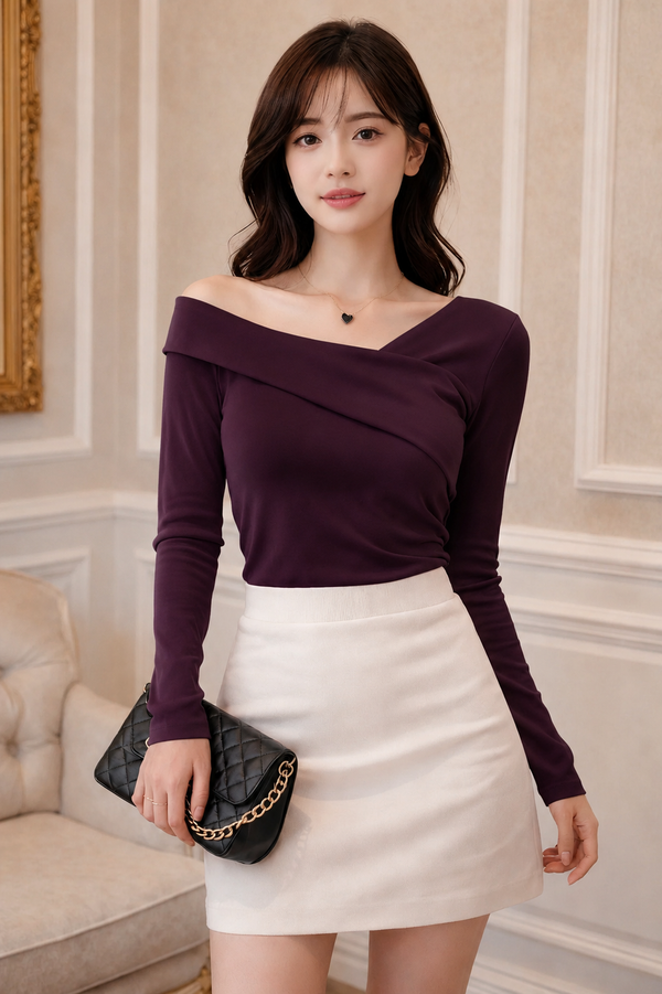 Deep Wine Plum Asymmetric Off Shoulder Top