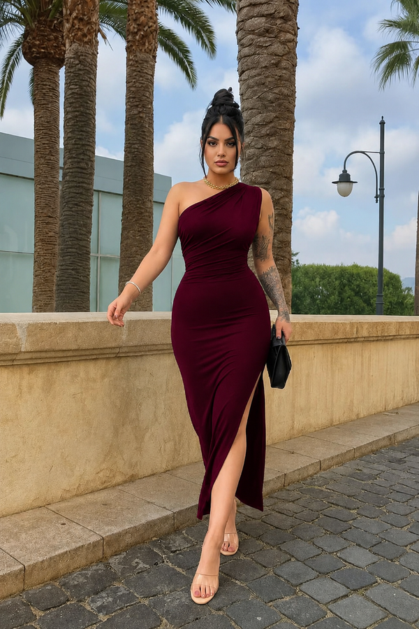Wine One-Shoulder Ruched Side Slit Maxi Dress